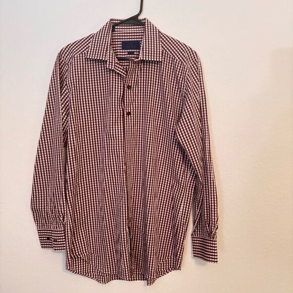 David Donahue Trim Fit Small Check Print Collar Shirt in Berry 16 -32/33 $155 - Picture 5 of 5